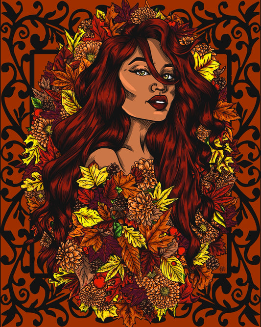 Autumn’s Kiss by Gloria Aitken: a red-haired woman surrounded by autumn leaves and orange flowers