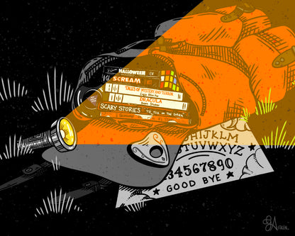Backpack 8x10 art print by Gloria Aitken, with horror books, a spirit board, and a flashlight
