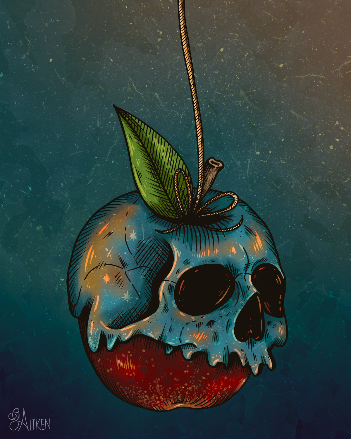 Bad Apple 8x10 art print by Gloria Aitken: a red apple with a dripping skull design on a teal background