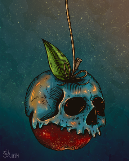 Bad Apple 8x10 art print by Gloria Aitken: a red apple with a dripping skull design on a teal background