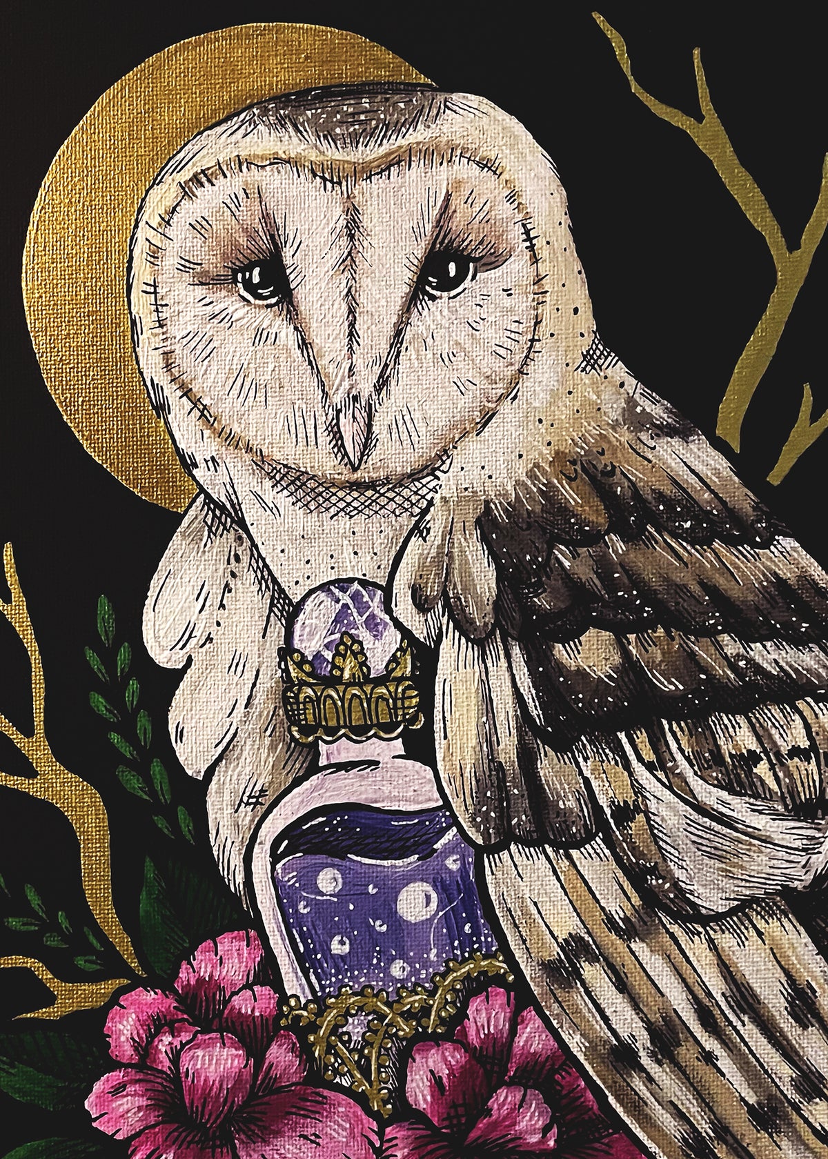 Barn Owl 5x7 art print by Gloria Aitken: an owl with a purple potion bottle, pink flowers, and gold branches