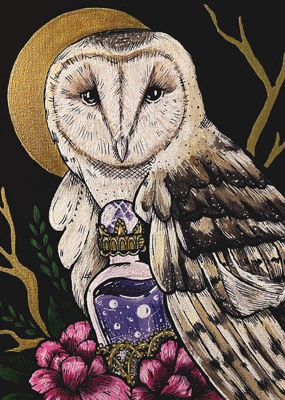 Barn Owl 5x7 art print by Gloria Aitken: an owl with a purple potion bottle, pink flowers, and gold branches