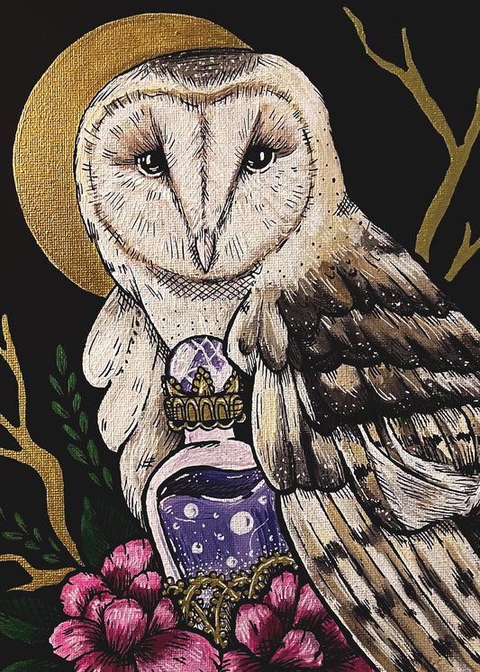 Barn Owl 5x7 art print by Gloria Aitken: an owl with a purple potion bottle, pink flowers, and gold branches