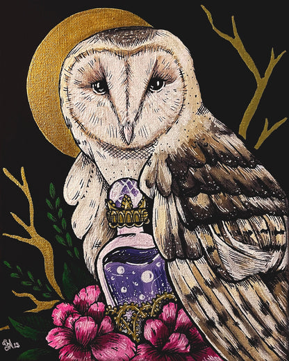 Barn Owl 8x10 art print by Gloria Aitken: an owl with a purple potion bottle, pink flowers, and gold branches