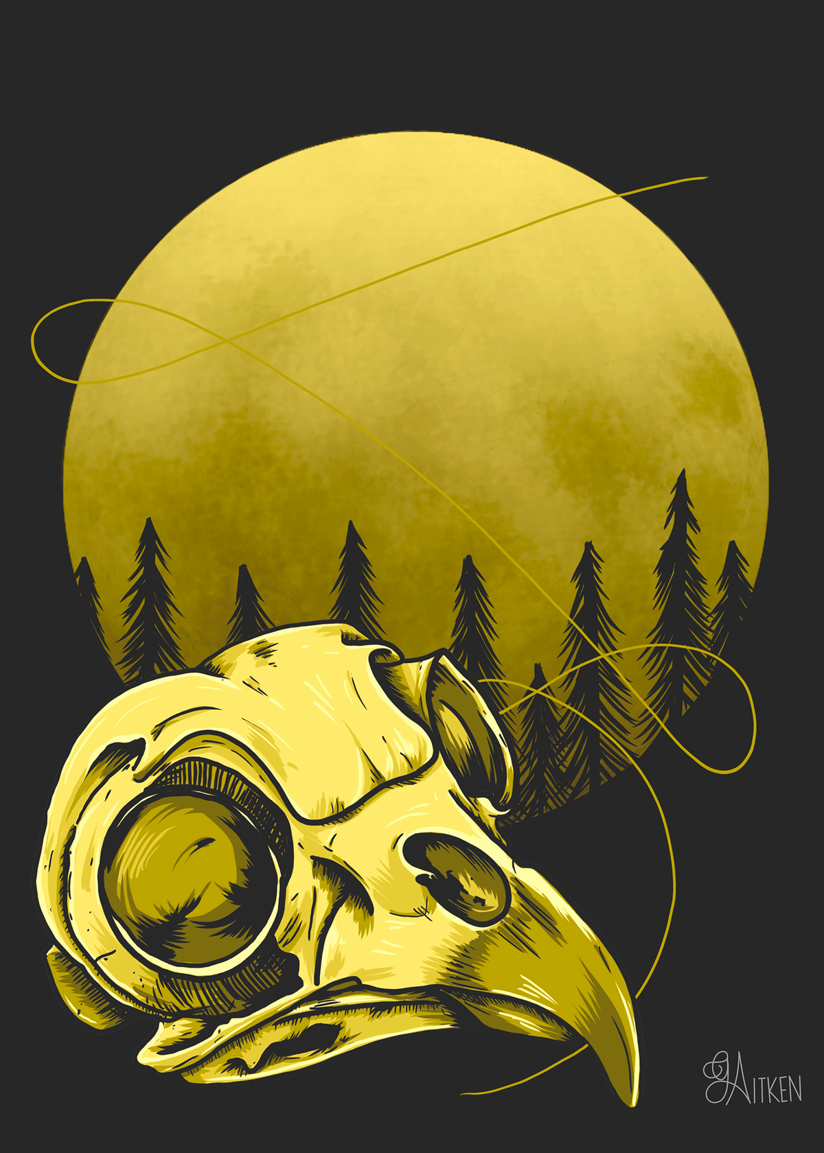 Barred Owl 5x7 art print featuring a yellow owl skull, evergreen forest silhouettes and a golden full moon against charcoal