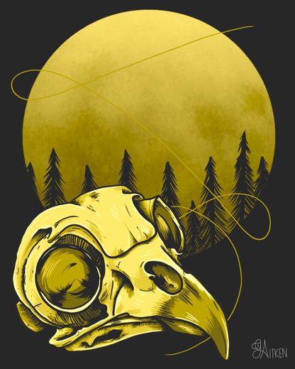 Barred Owl 8x10 art print featuring a yellow owl skull, evergreen forest silhouettes and a golden full moon against charcoal