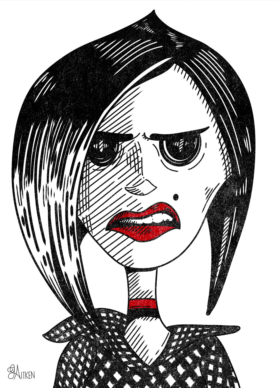 Beldam portrait with black hair, button eyes, red lips, and a black-and-white patterned outfit.