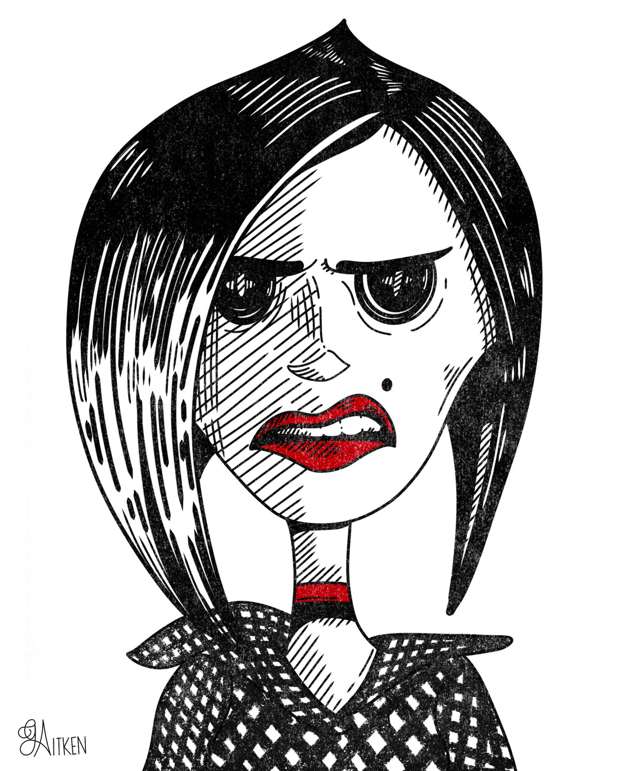 Beldam portrait with black hair, button eyes, red lips, and a black-and-white patterned outfit.