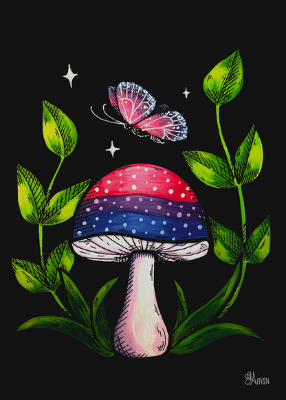 Mushroom and butterfly in bisexual pride colors of pink, purple, and blue, surrounded by green leaves and white stars on black.