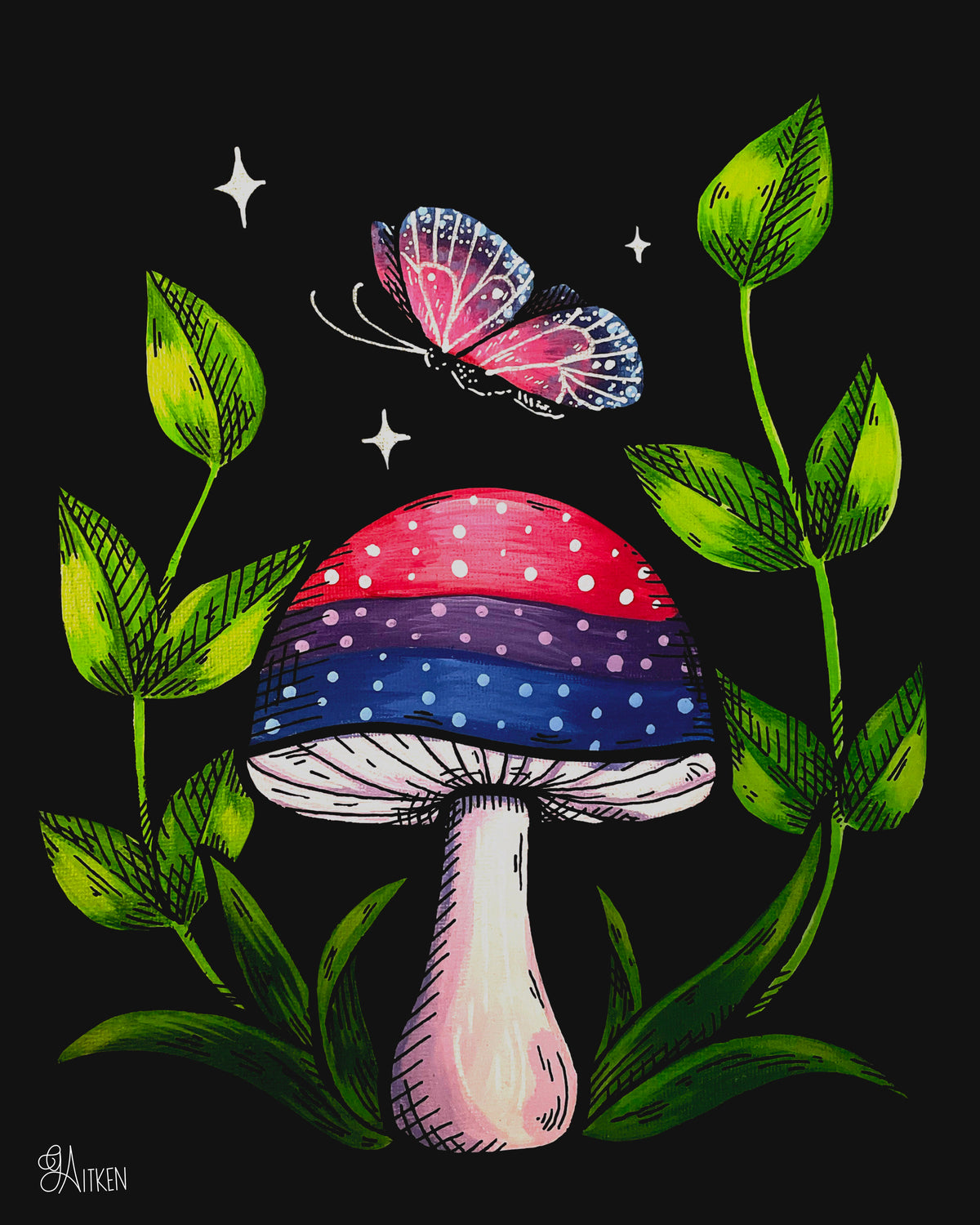 Mushroom and butterfly in bisexual pride colors of pink, purple, and blue, surrounded by green leaves and white stars on black.