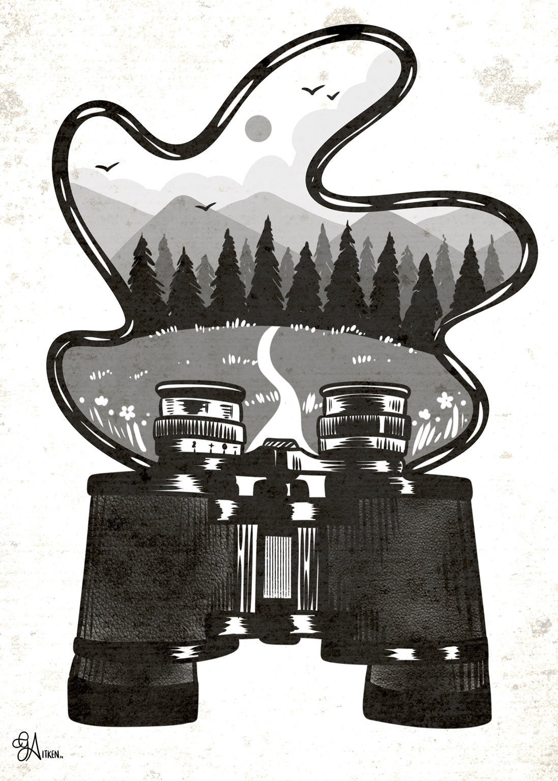 Black binoculars with a winding strap framing a grayscale forest, mountains, birds, and a trail.
