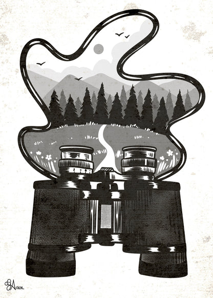 Black binoculars with a winding strap framing a grayscale forest, mountains, birds, and a trail.