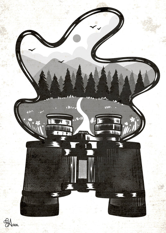 Black binoculars with a winding strap framing a grayscale forest, mountains, birds, and a trail.