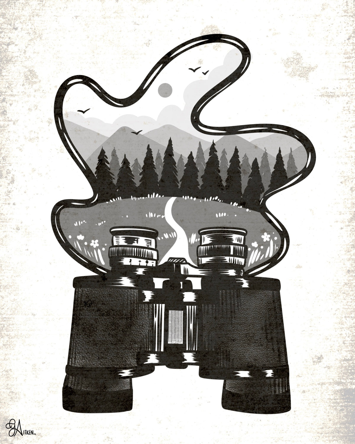 Black binoculars with a winding strap framing a grayscale forest, mountains, birds, and a trail.