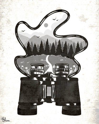 Black binoculars with a winding strap framing a grayscale forest, mountains, birds, and a trail.