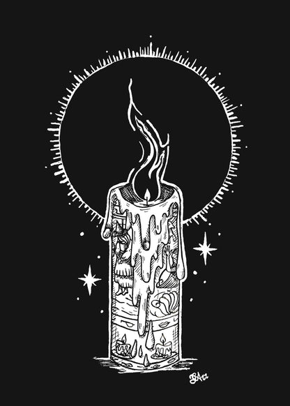 White linework of a patterned candle with dripping wax and a black flame, framed by a radiant circle and stars on black.