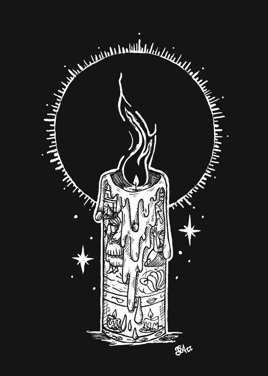White linework of a patterned candle with dripping wax and a black flame, framed by a radiant circle and stars on black.
