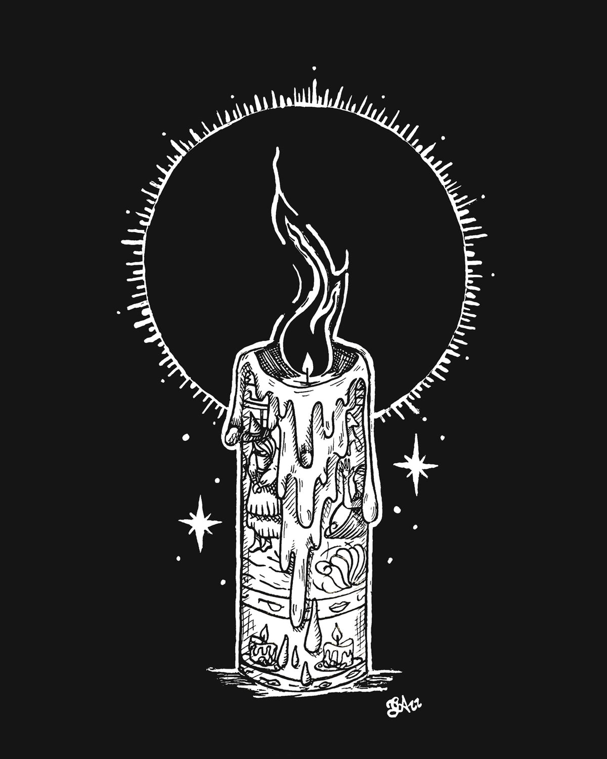 White linework of a patterned candle with dripping wax and a black flame, framed by a radiant circle and stars on black.