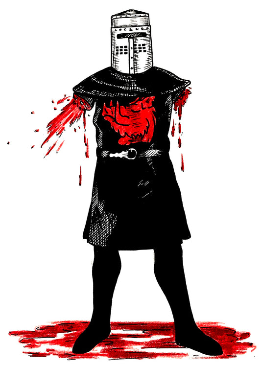 Black Knight wearing a metal helmet and black tunic with a red emblem, missing both arms, with red blood accents on a white background.