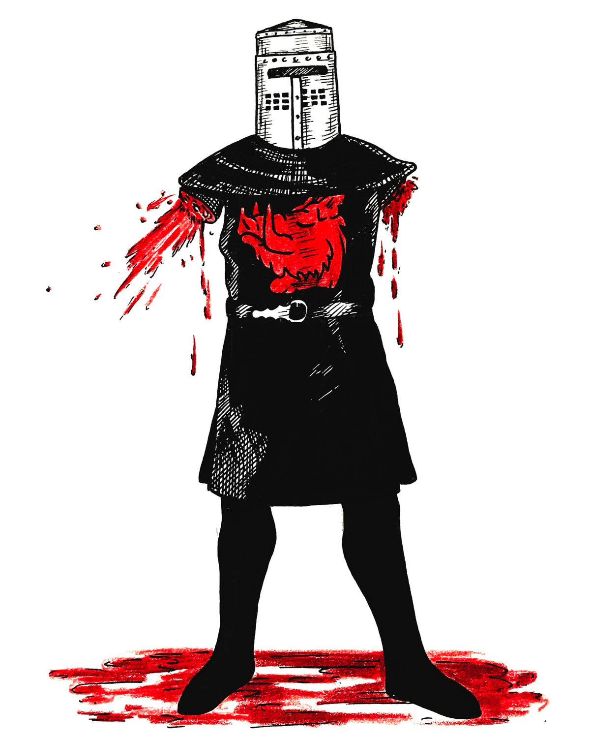 Black Knight wearing a metal helmet and black tunic with a red emblem, missing both arms, with red blood accents on a white background.