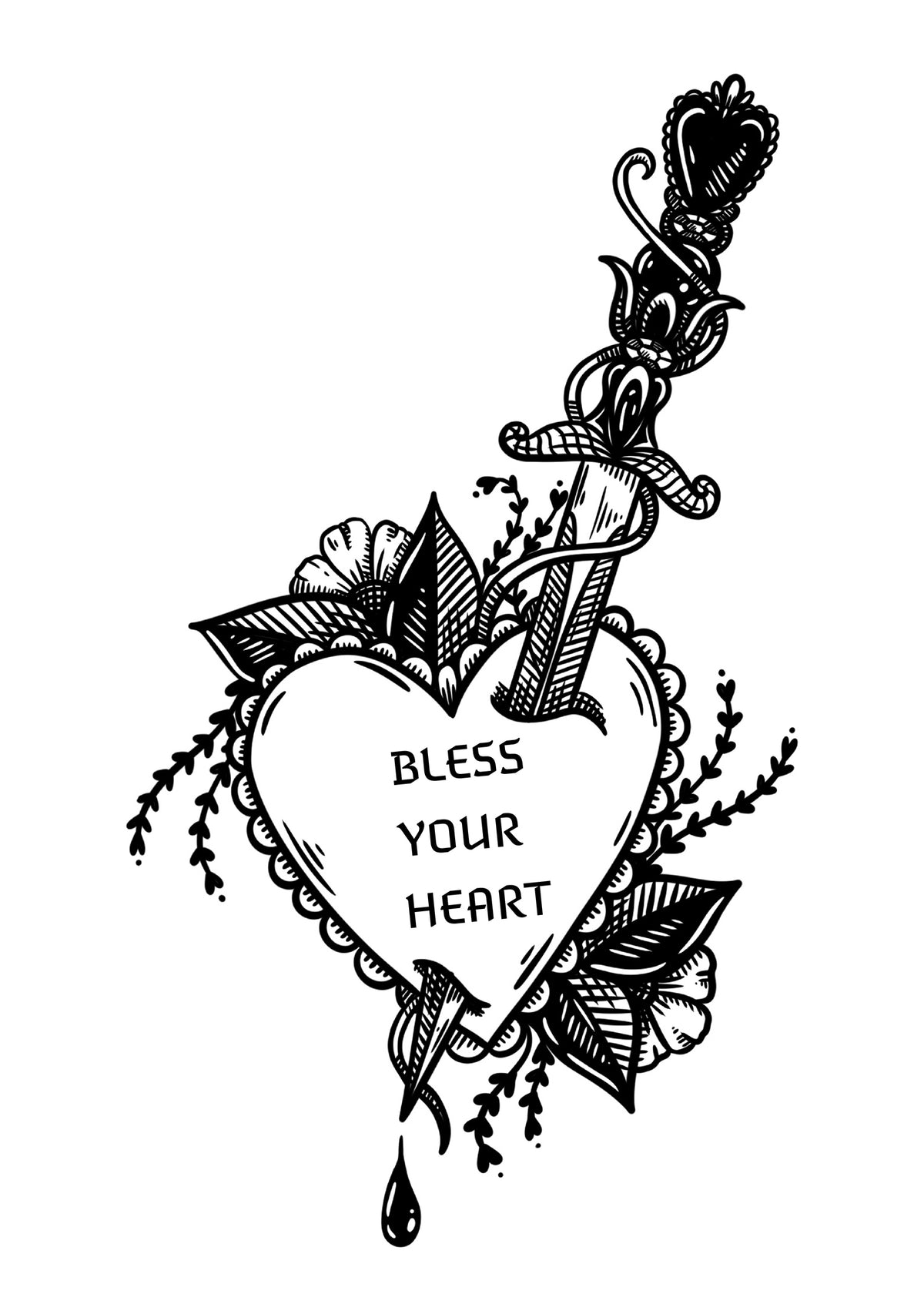 Bless Your Heart 5x7 art print featuring a dagger through a heart with flowers and leaves in black and white