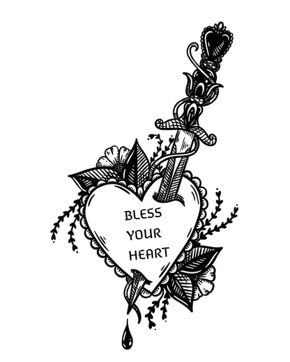 Bless Your Heart 8x10 art print featuring a dagger through a heart with flowers and leaves in black and white