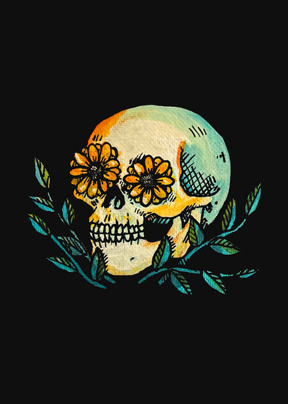 Bloom 5x7 art print of a skull with orange flowers in its eye sockets and teal leafy branches on black
