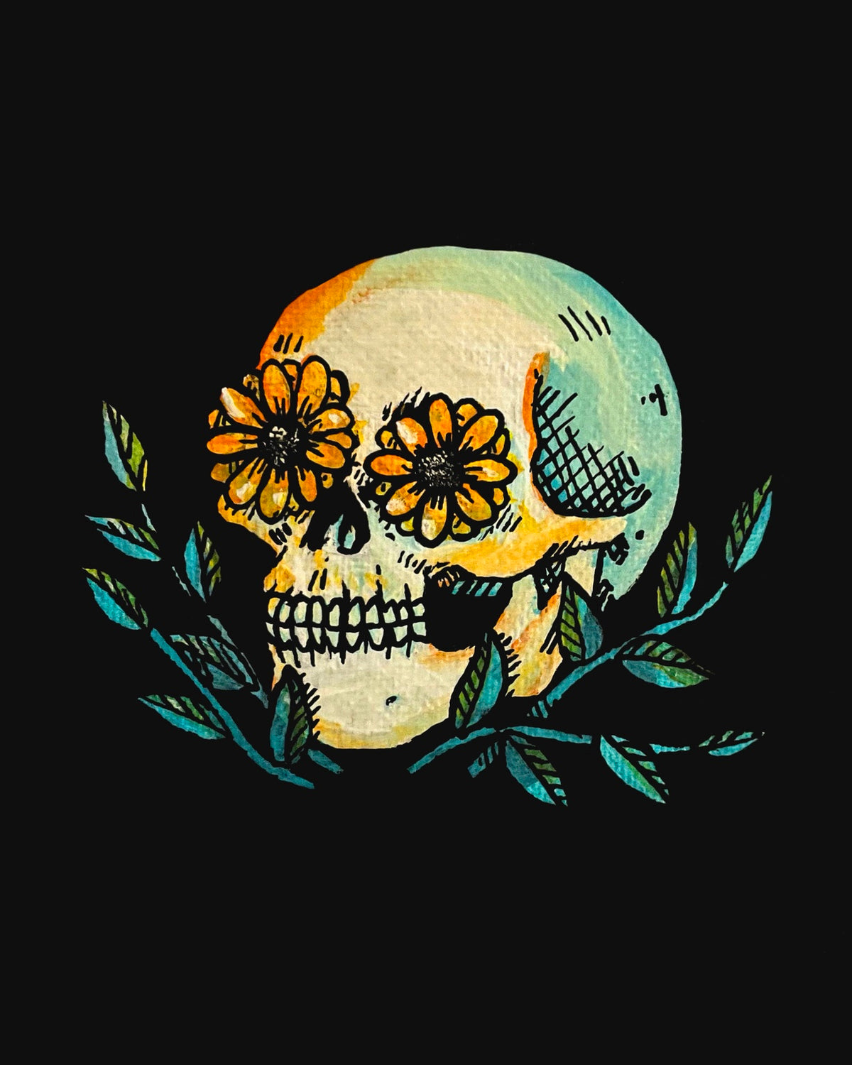 Bloom 8x10 art print of a skull with orange flowers in its eye sockets and teal leafy branches on black