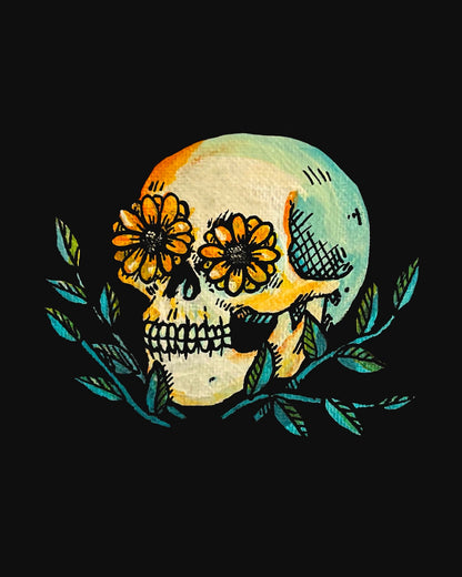 Bloom 8x10 art print of a skull with orange flowers in its eye sockets and teal leafy branches on black