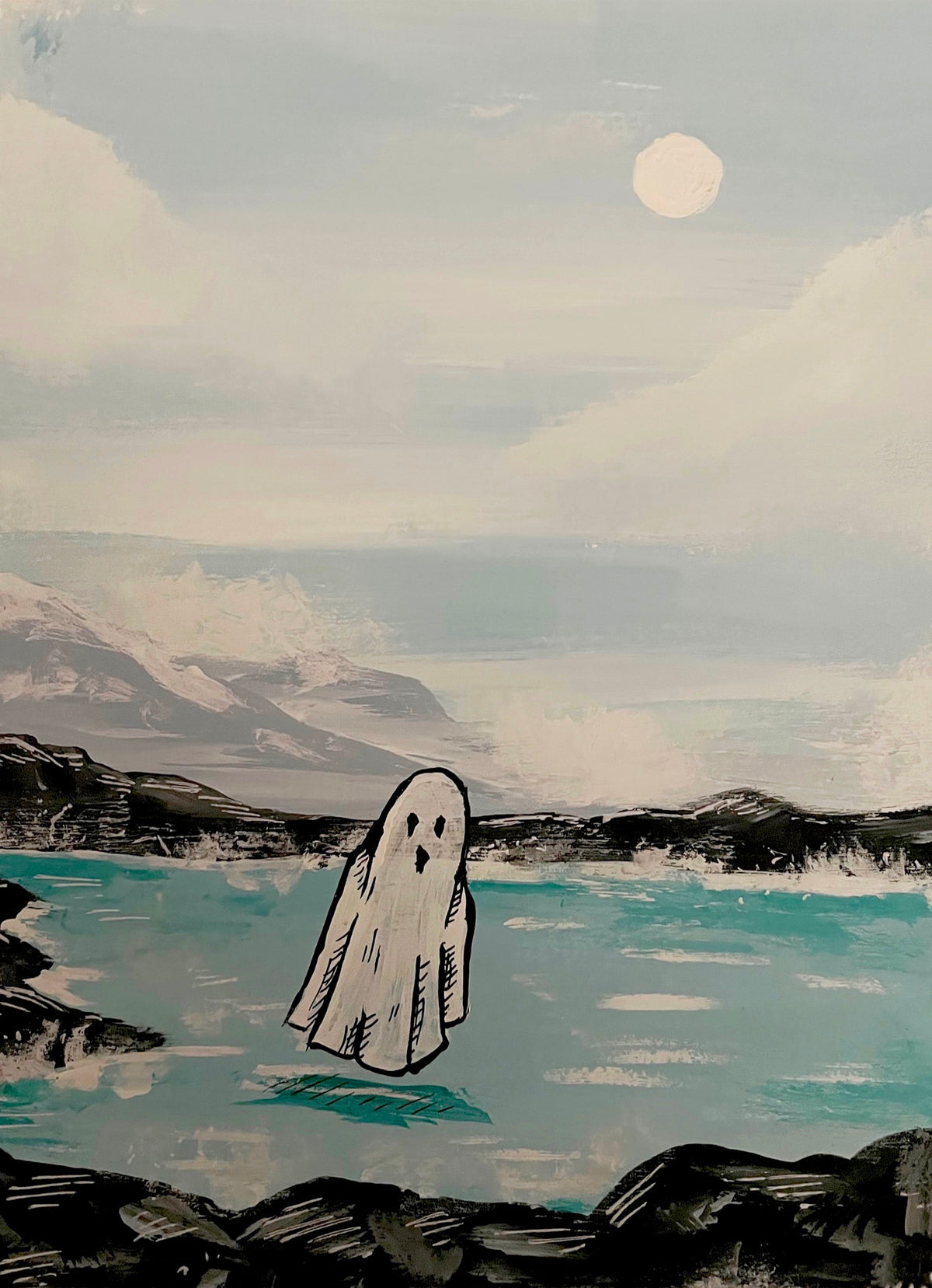 Boo Lagoon 5x7 art print featuring a white ghost floating over turquoise water among dark rocks and pale mountains