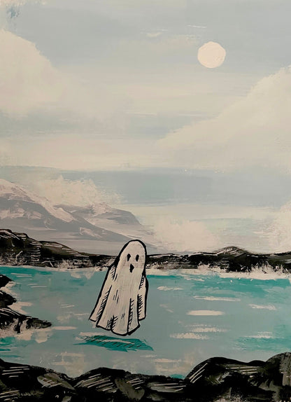 Boo Lagoon 5x7 art print featuring a white ghost floating over turquoise water among dark rocks and pale mountains