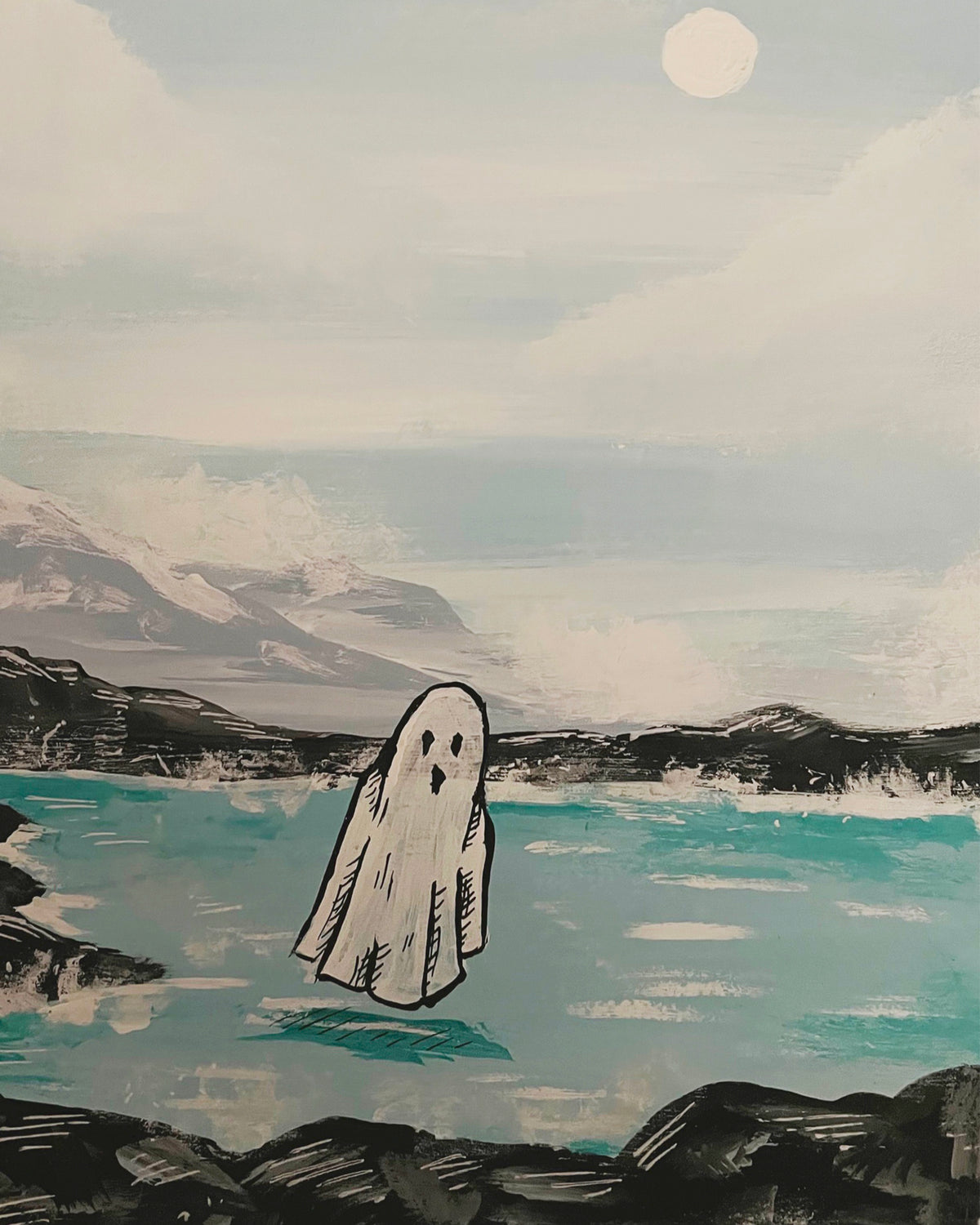 Boo Lagoon 8x10 art print featuring a white ghost floating over turquoise water among dark rocks and pale mountains