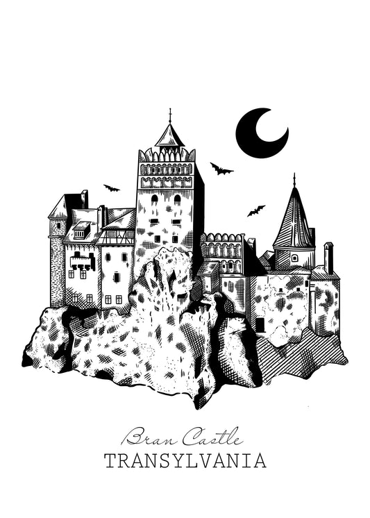 Bran Castle 5x7 black and white art print showing a castle on rocky cliffs with bats and a crescent moon