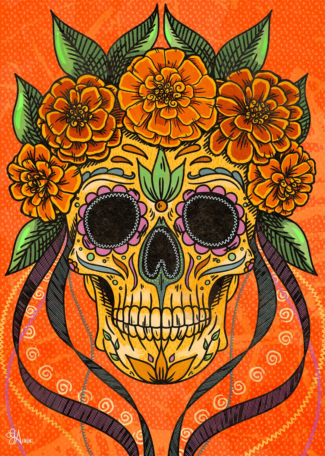 Calavera 5x7 art print of a decorated skull crowned with orange marigolds and green leaves on an orange background