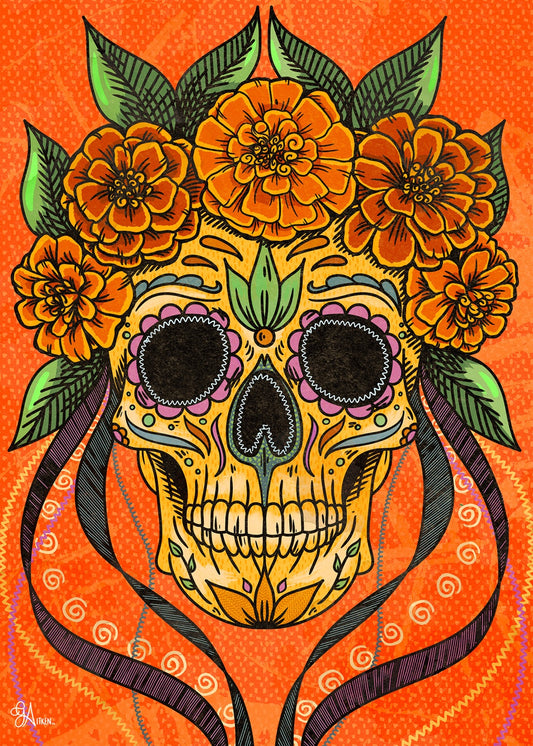 Calavera 5x7 art print of a decorated skull crowned with orange marigolds and green leaves on an orange background