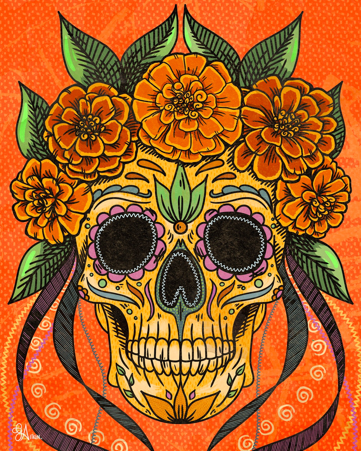 Calavera 8x10 art print of a decorated skull crowned with orange marigolds and green leaves on an orange background