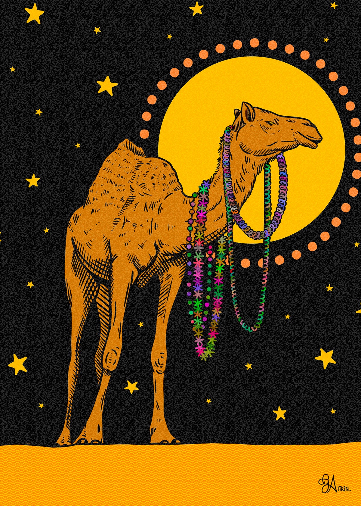 Camel 5x7 art print featuring an orange camel wearing colorful beads against a black sky with yellow stars and a golden circle