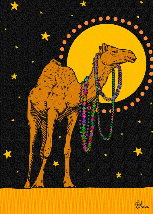 Camel 5x7 art print featuring an orange camel wearing colorful beads against a black sky with yellow stars and a golden circle