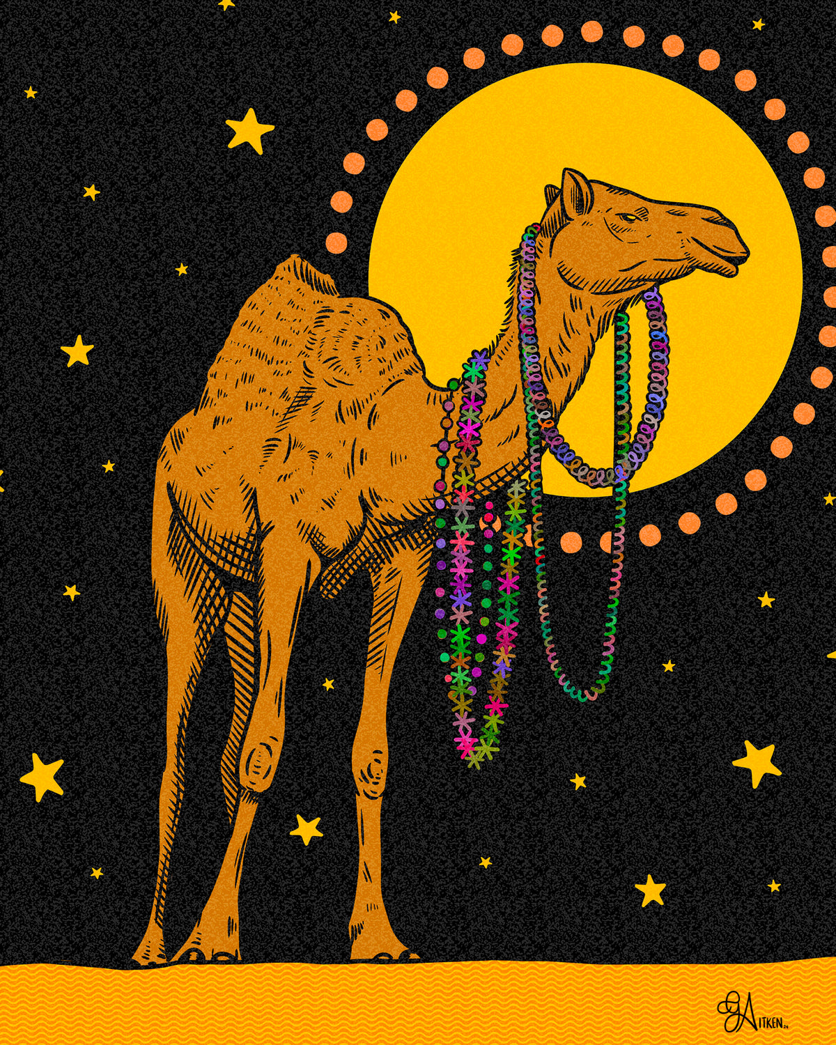 Camel 8x10 art print featuring an orange camel wearing colorful beads against a black sky with yellow stars and a golden circle