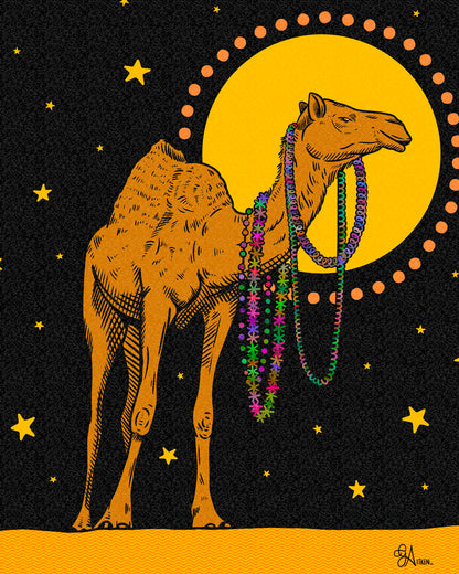 Camel 8x10 art print featuring an orange camel wearing colorful beads against a black sky with yellow stars and a golden circle