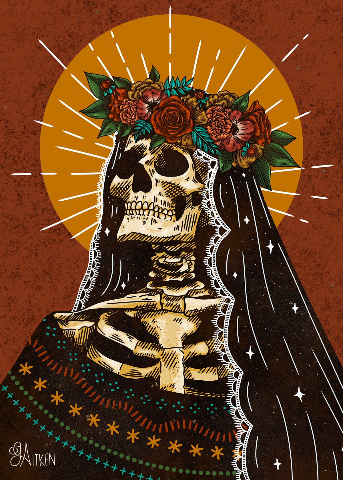 Catrina 5x7 art print of a veiled skeleton wearing a colorful floral crown, with a golden halo and burnt orange background