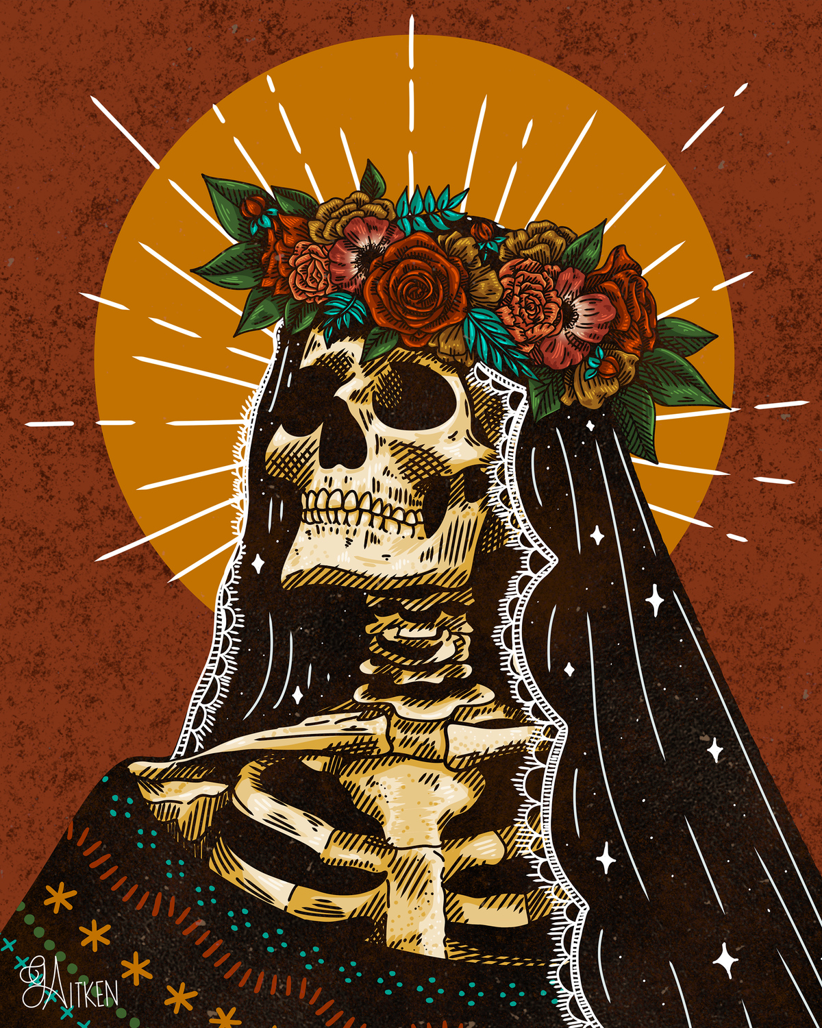 Catrina 8x10 art print of a veiled skeleton wearing a colorful floral crown, with a golden halo and burnt orange background