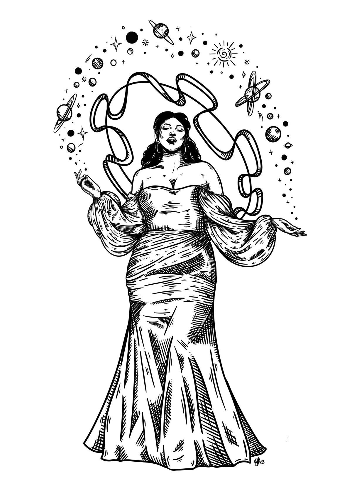Celestial 5x7 black and white art print of a woman in a flowing gown surrounded by planets, stars, and swirling ribbons