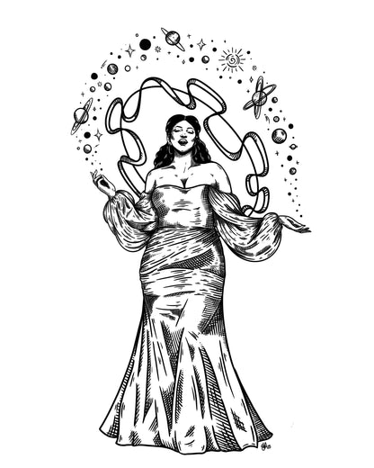 Celestial 8x10 black and white art print of a woman in a flowing gown surrounded by planets, stars, and swirling ribbons