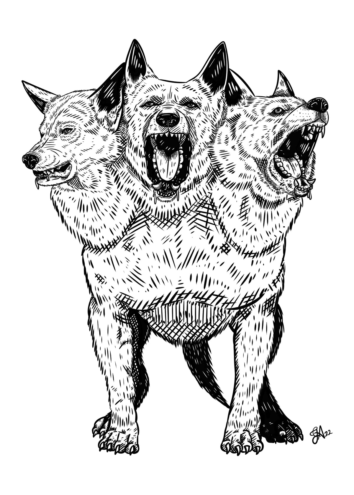 Cerberus 5x7 black and white art print of a three-headed dog with bared teeth and detailed crosshatched fur