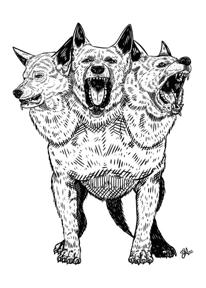 Cerberus 5x7 black and white art print of a three-headed dog with bared teeth and detailed crosshatched fur