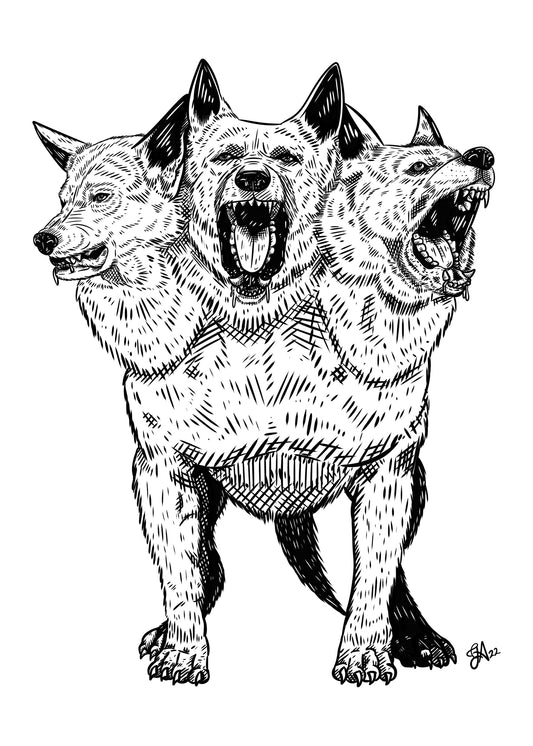 Cerberus 5x7 black and white art print of a three-headed dog with bared teeth and detailed crosshatched fur