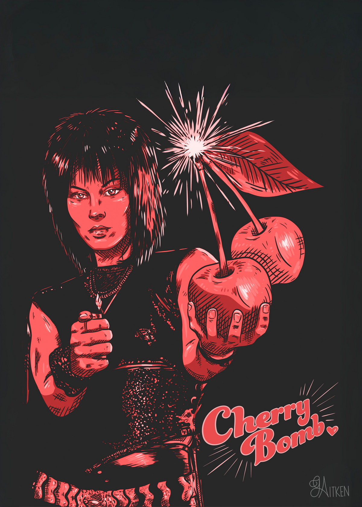 Cherry Bomb 5x7 art print featuring a woman holding a lighter and oversized cherries with a sparking stem, in red and pink on charcoal