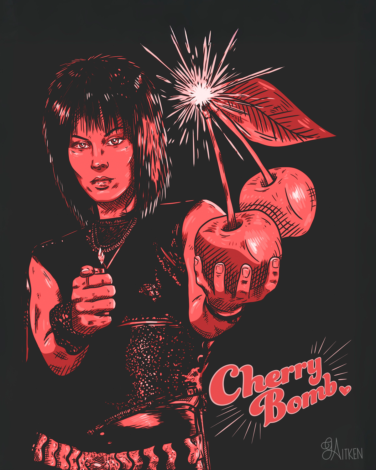 Cherry Bomb 8x10 art print featuring a woman holding a lighter and oversized cherries with a sparking stem, in red and pink on charcoal
