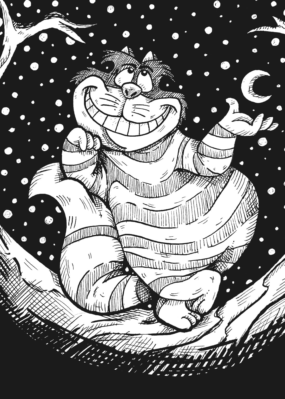 Cheshire Cat 5x7 black and white art print of a grinning striped cat on a tree branch beneath a crescent moon and starry sky